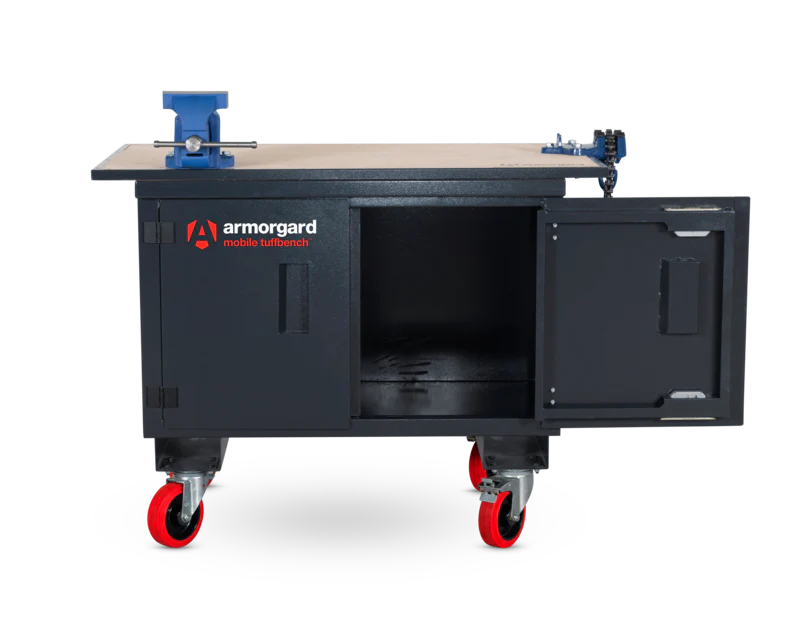 Armorgard Mobile TuffBench c/w wooden top, chain & engineering vices & HD castors