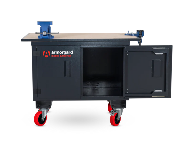 Armorgard Mobile TuffBench c/w wooden top, chain & engineering vices & HD castors