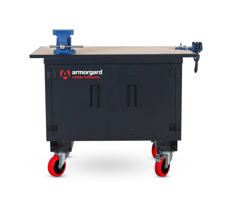 Armorgard Mobile TuffBench c/w wooden top, chain & engineering vices & HD castors
