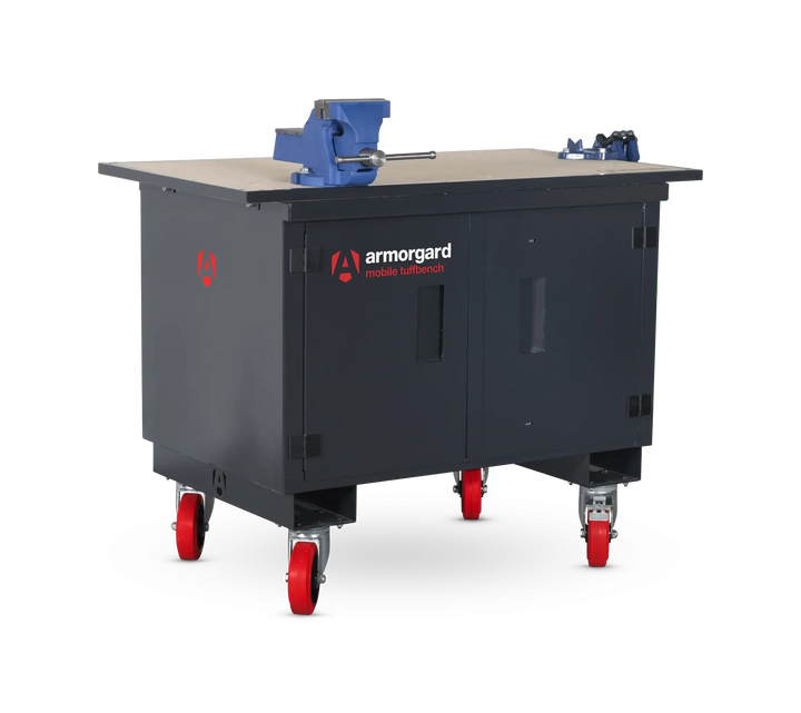 Armorgard Mobile TuffBench c/w wooden top, chain & engineering vices & HD castors