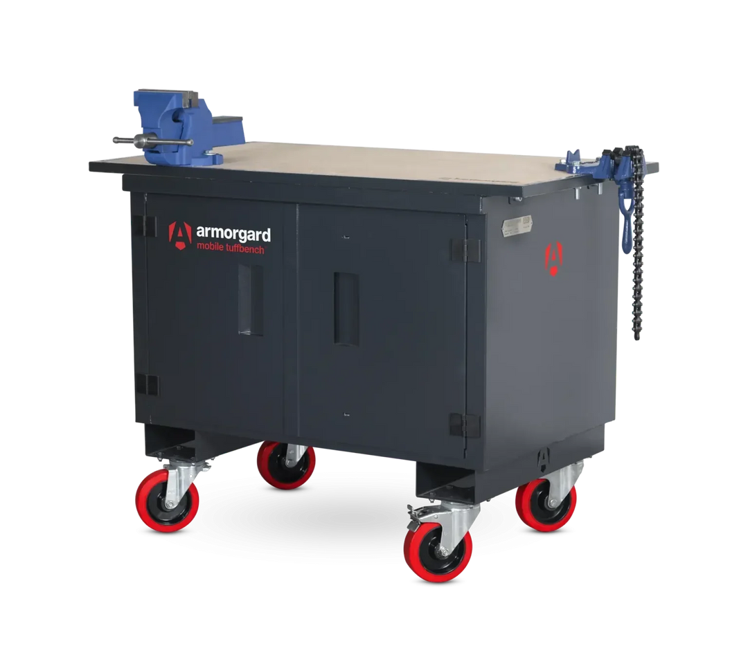 Armorgard Mobile TuffBench c/w wooden top, chain & engineering vices & HD castors